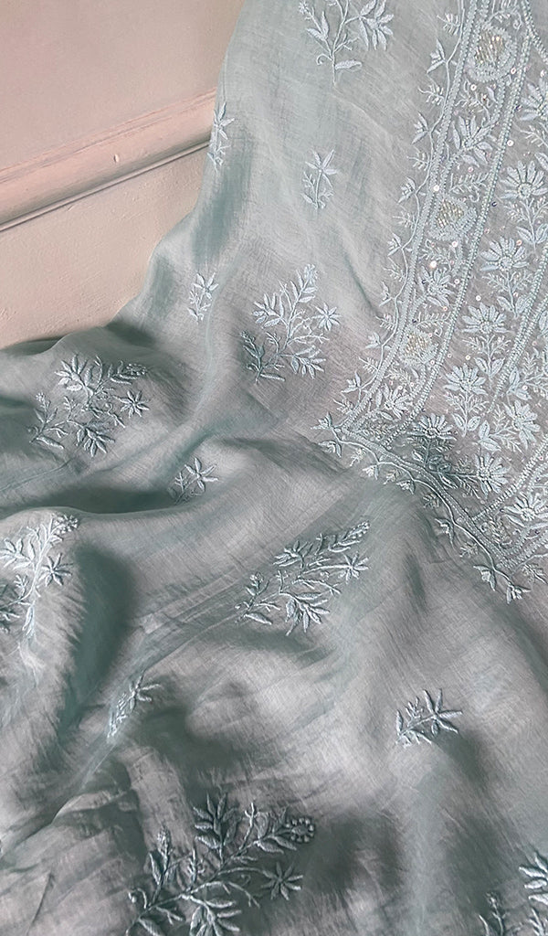 Women's Lakhnavi Handcrafted Mul Chanderi Unstitched Chikankari Full Suit Material - HONC0345045