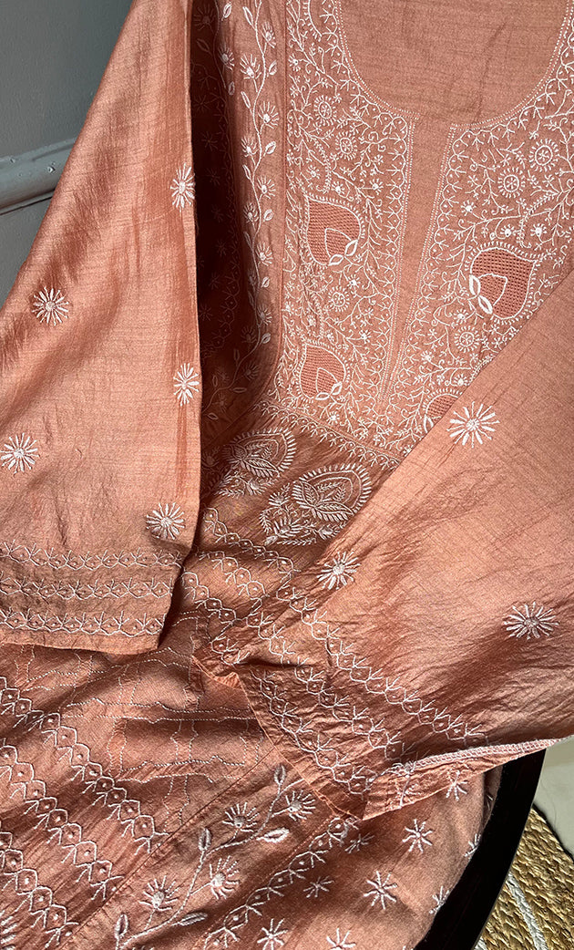 Women's Lakhnavi Handcrafted Munga Silk Chikankari Unstitched Kurti Fabric - HONC0270476
