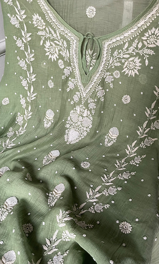 Women's Lucknowi Handcrafted Mul chanderi Chikankari Kaftan - HONC0310788
