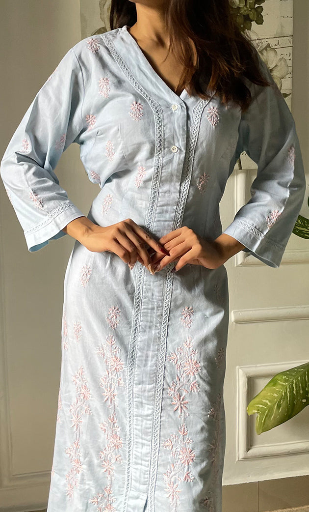 Women's Lucknowi Handcrafted Cotton Chikankari Long Dress - HONC0309337