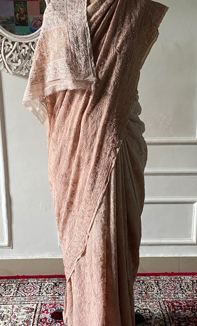 Women's Lakhnavi Handcrafted Pure Silk Georgette Chikankari Saree - HONC00327291