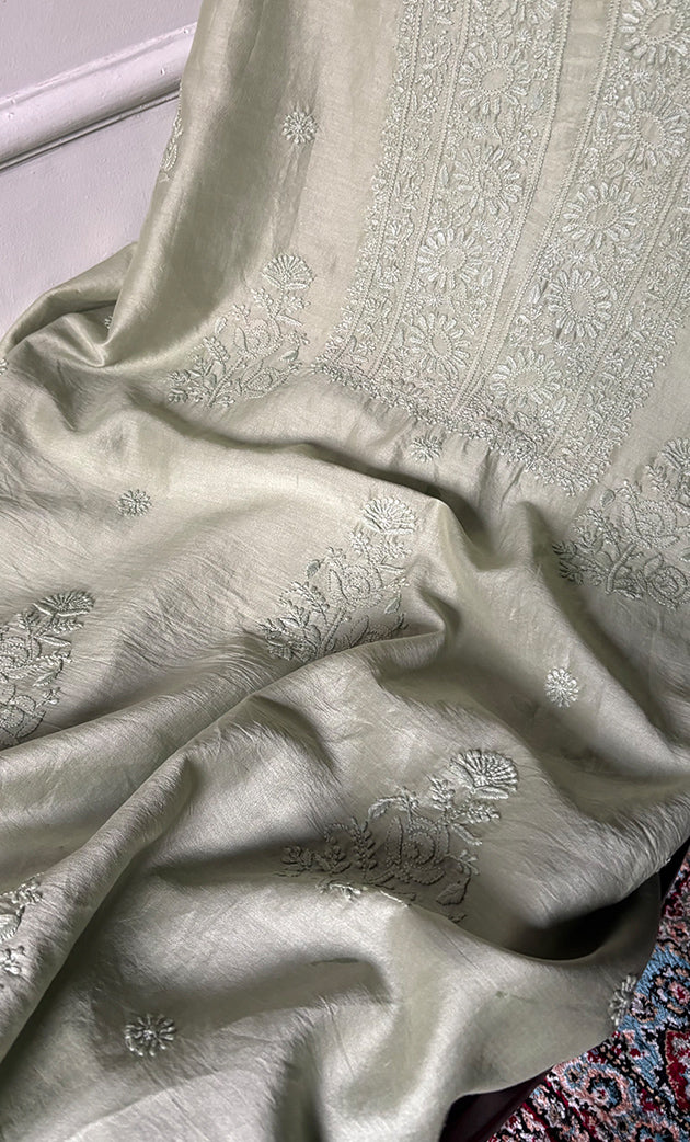 Women's Lucknowi Handcrafted Chanderi Silk Chikankari Full Suit Material - HONC0322746