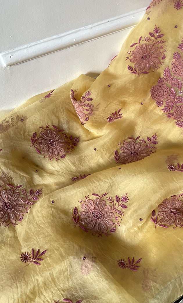 Women's Lakhnavi Handcrafted Pure Organza Chikankari Unstitched Kurta And Dupatta Set- HONC0318666