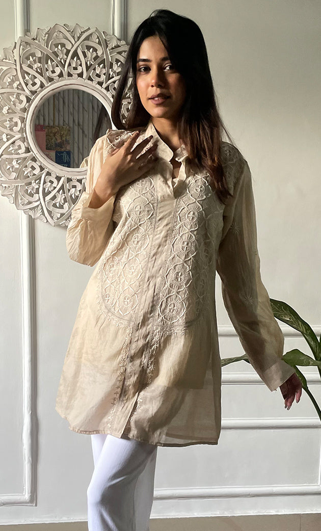 Women's Lakhnavi Handcrafted Mul Chanderi Chikankari Top - HONC0312897