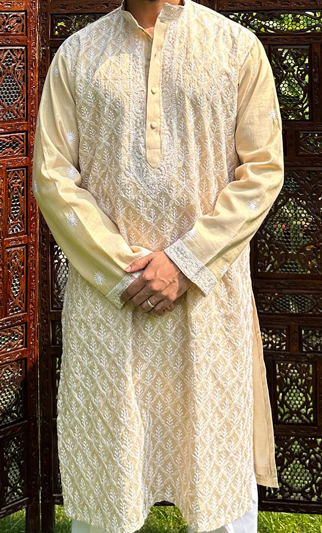 Men's Lucknowi Handcrafted Tissue Chanderi Chikankari Kurta - HONC0321236