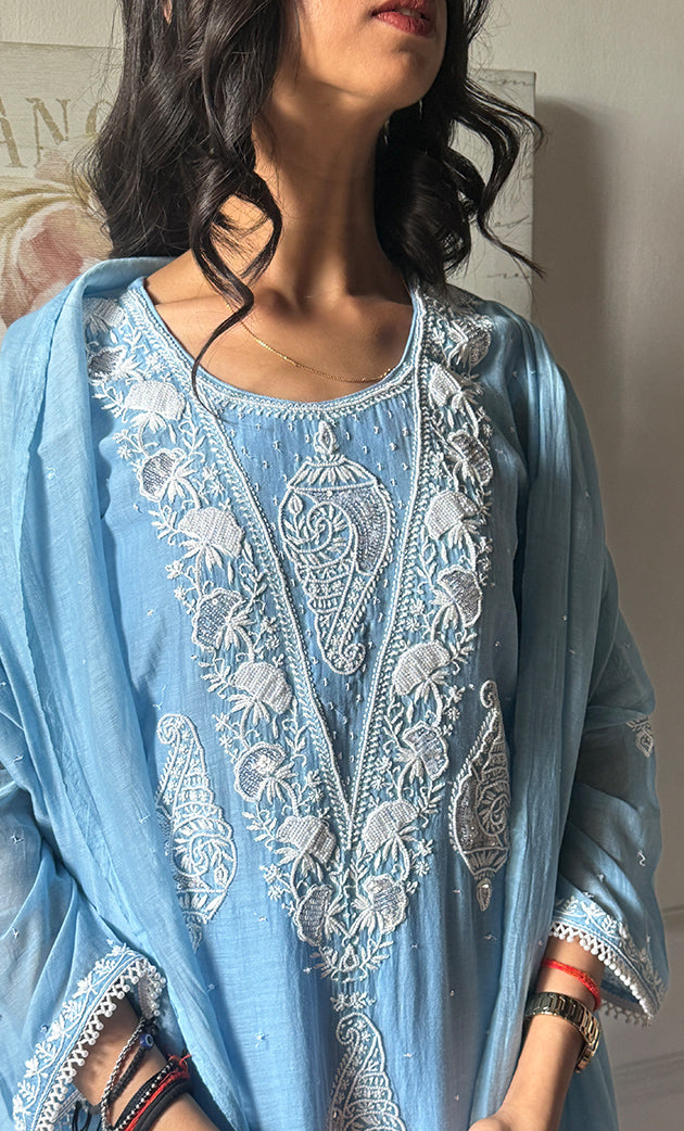 Women's Lakhnavi Handcrafted Mul Chanderi Chikankari Stitched Kurta, Dupatta And Pant Set - HONC0317786