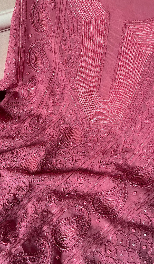 Women's Lakhnavi Handcrafted Viscose Georgette Chikankari Full Suit Material - HONC0258398