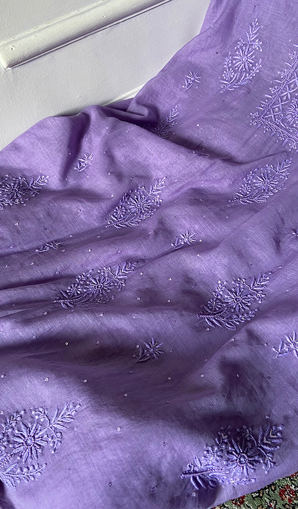 Women's Lakhnavi Handcrafted Mul Chanderi Unstitched Chikankari Full Suit Material - HONC0328125