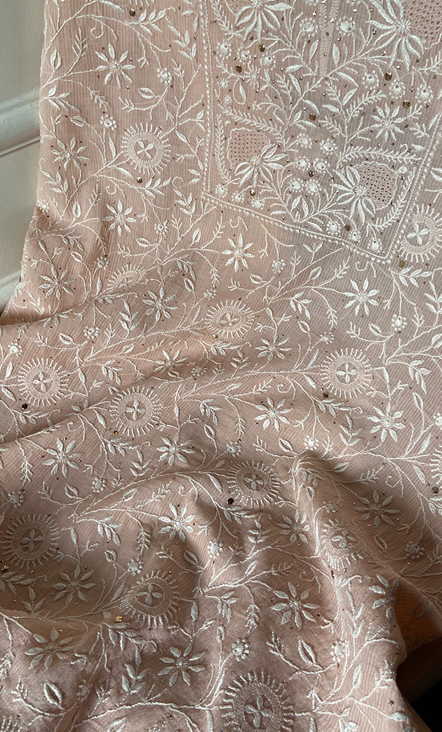 Women's Lakhnavi Handcrafted  Maheshwari  Mul Chanderi Unstitched Kurta And Dupatta Set - HONC0275131