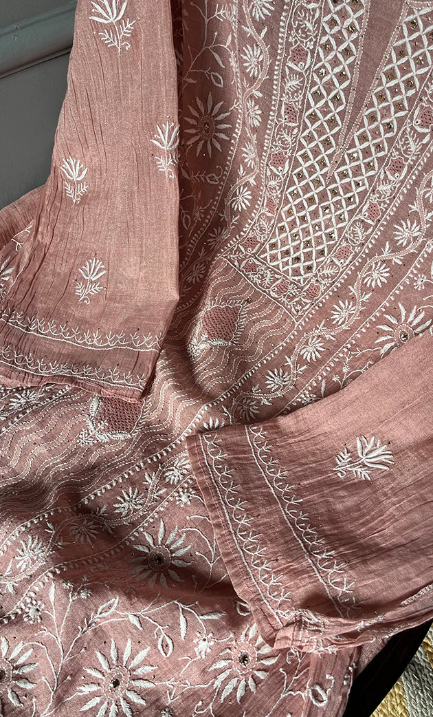 Women's Lakhnavi Handcrafted Tissue Chanderi Semi - Stitched Kurta And Dupatta Set - HONC0270643