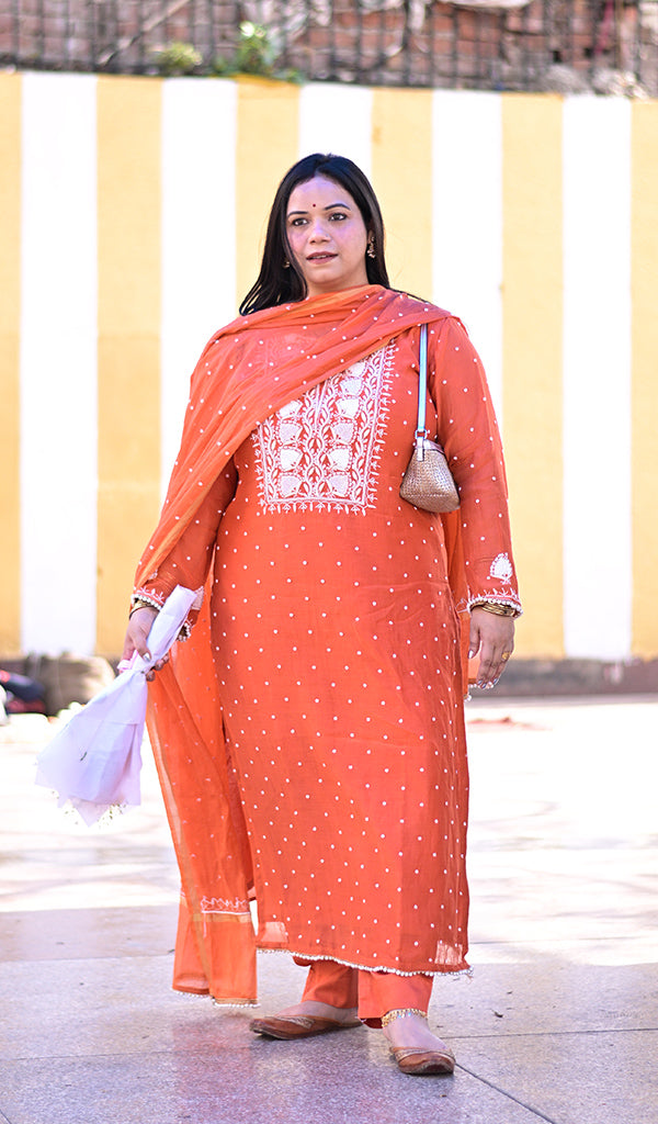 Jazba Women's Lakhnavi Handcrafted Mul Chanderi Chikankari Stitched Kurta, Dupatta And Pant Set - HONC0353919