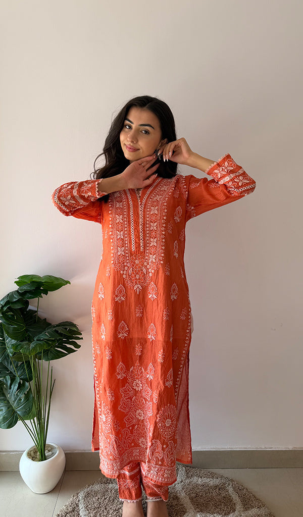 Women's Lucknowi Handcrafted Mul Chanderi Stitched Chikankari Kurta And Plazzo Set- HONC0378824