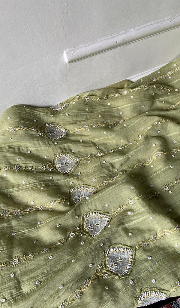 Women's Lakhnavi Handcrafted Mul Chanderi Semi - stitched Chikankari Full Suit Material - HONC0371980