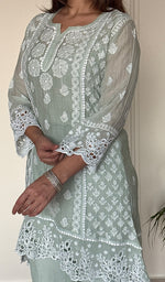 Women's Lucknowi Handcrafted Mul Chanderi Stitched Chikankari Short Kurta And Plazzo Set .