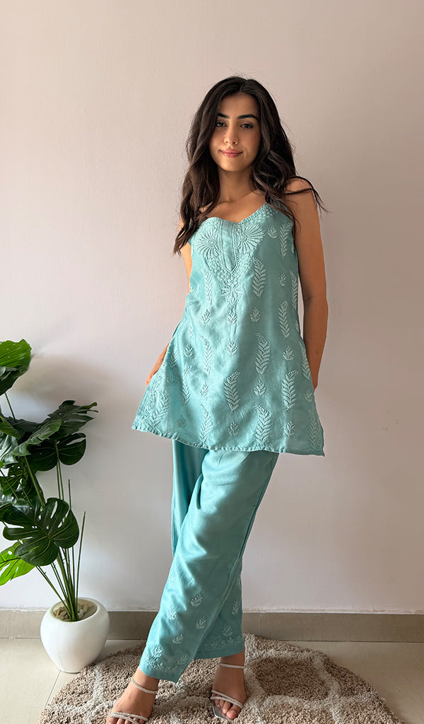 Amreena Women's Lakhnavi Handcrafted Chanderi Silk Chikankari Top And Pant Set - HONC0373451