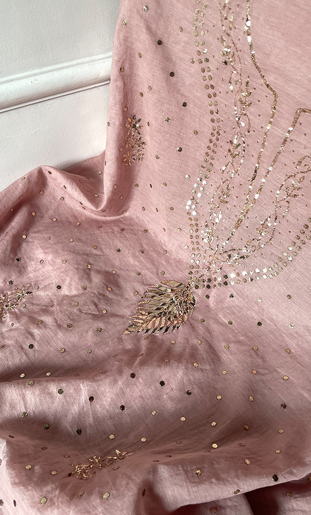 Women's Lakhnavi Handcrafted Mul Chanderi Unstitched Kurta And Dupatta Set - HONC0289416