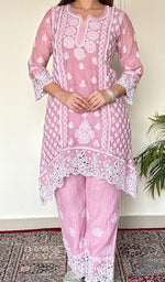 Women's Lucknowi Handcrafted Mul Chanderi Stitched Chikankari Short Kurta And Plazzo Set .