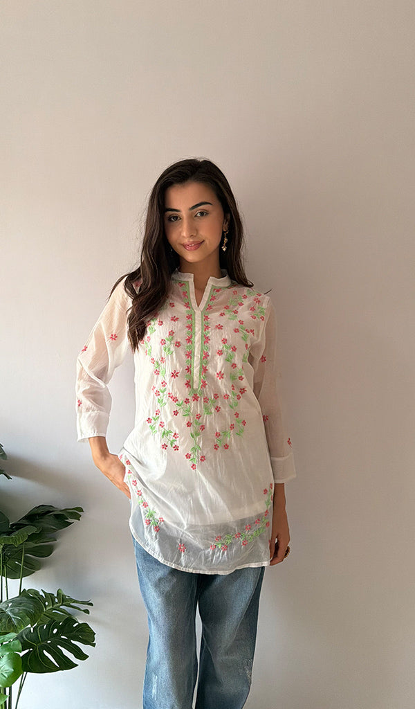 Sophia Women's Lakhnavi Handcrafted Mul Chanderi Chikankari Top - HONC0372855