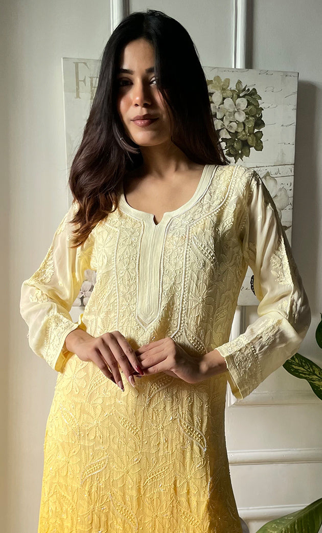 Women's Lakhnavi Handcrafted Viscose Georgette Chikankari Kurti- HONC0270975