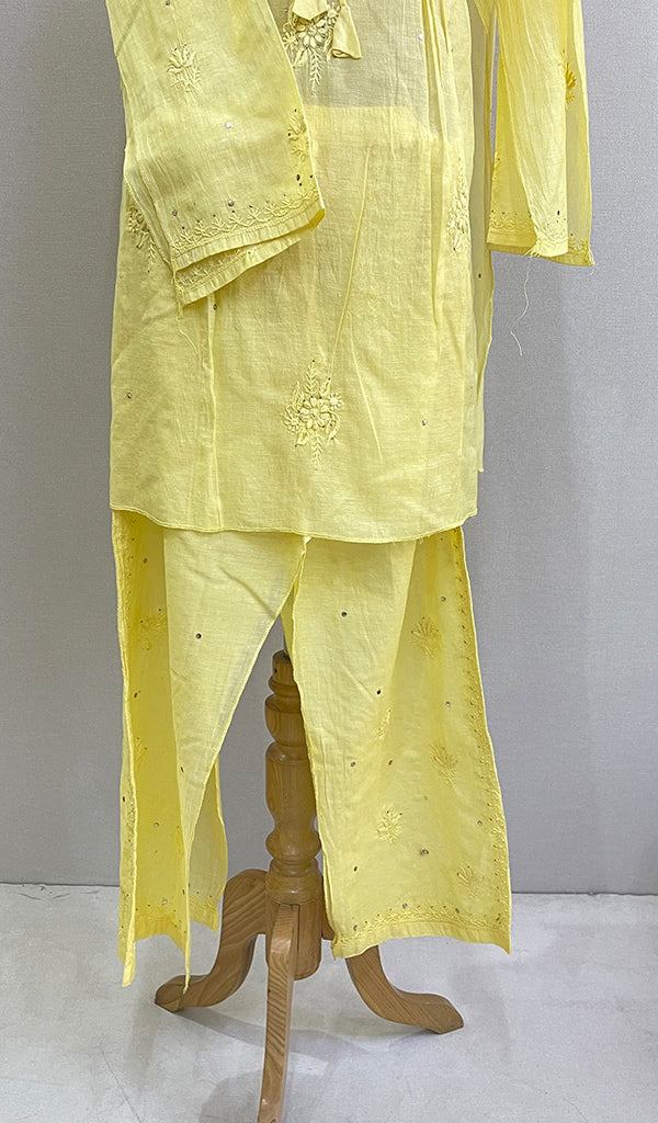 Siya Women's Lakhnavi Handcrafted Mul Chanderi Chikankari Semi - Stitched Kurta Palazo Set - HONC0193583