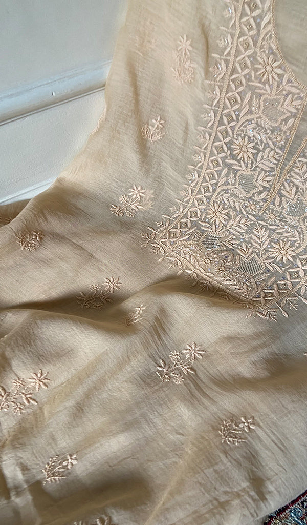 Women's Lakhnavi Handcrafted Mul Chanderi Unstitched Chikankari Full Suit Material - HONC0345039