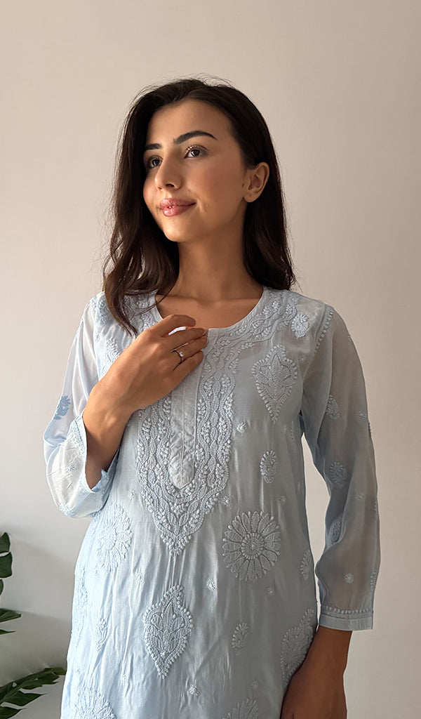Women's Lakhnavi Handcrafted Modal Cotton Chikankari Kurti And Plazzo Set - HONC0371328