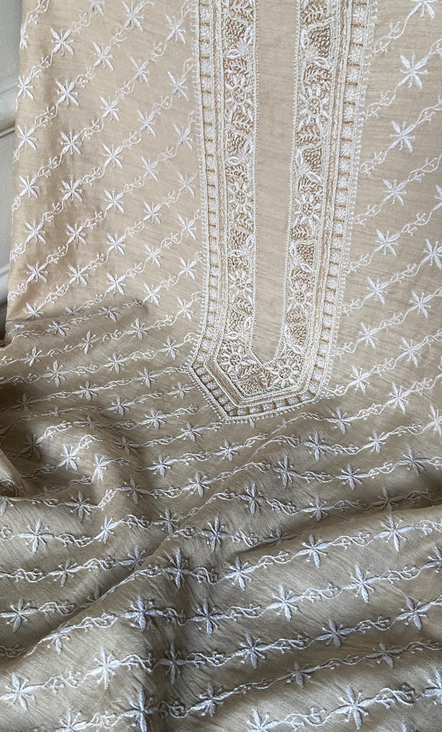 Lucknowi Handcrafted Munga Silk Unstitched Chikankari Unisex Kurta Fabric - HONC0330259