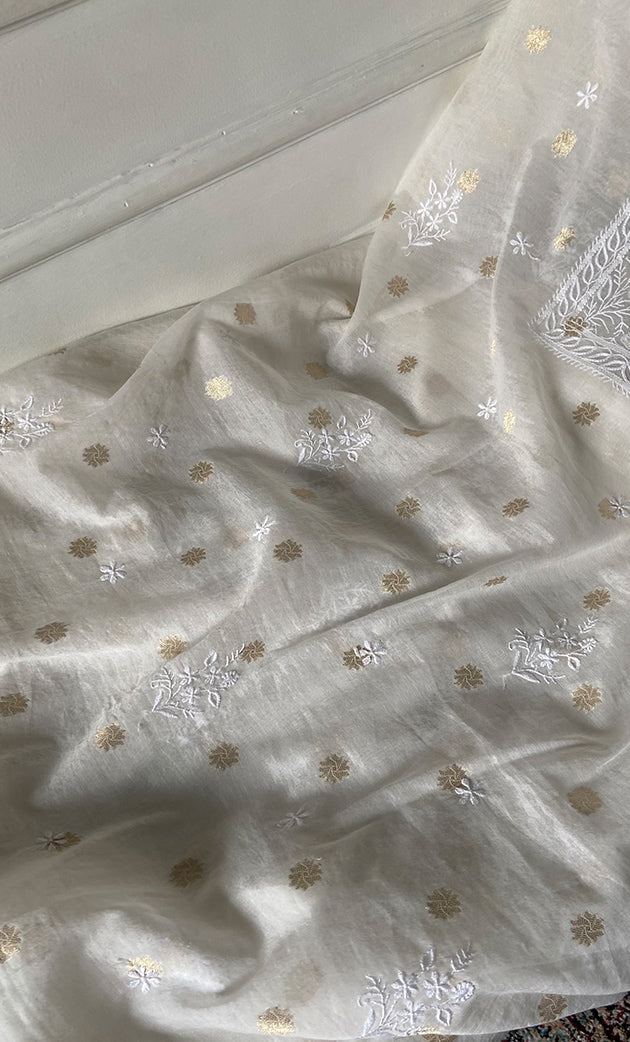 Women's Lakhnavi Handcrafted Unstitchd Mul Chanderi Kurta And Dupatta Set - HONC0341045