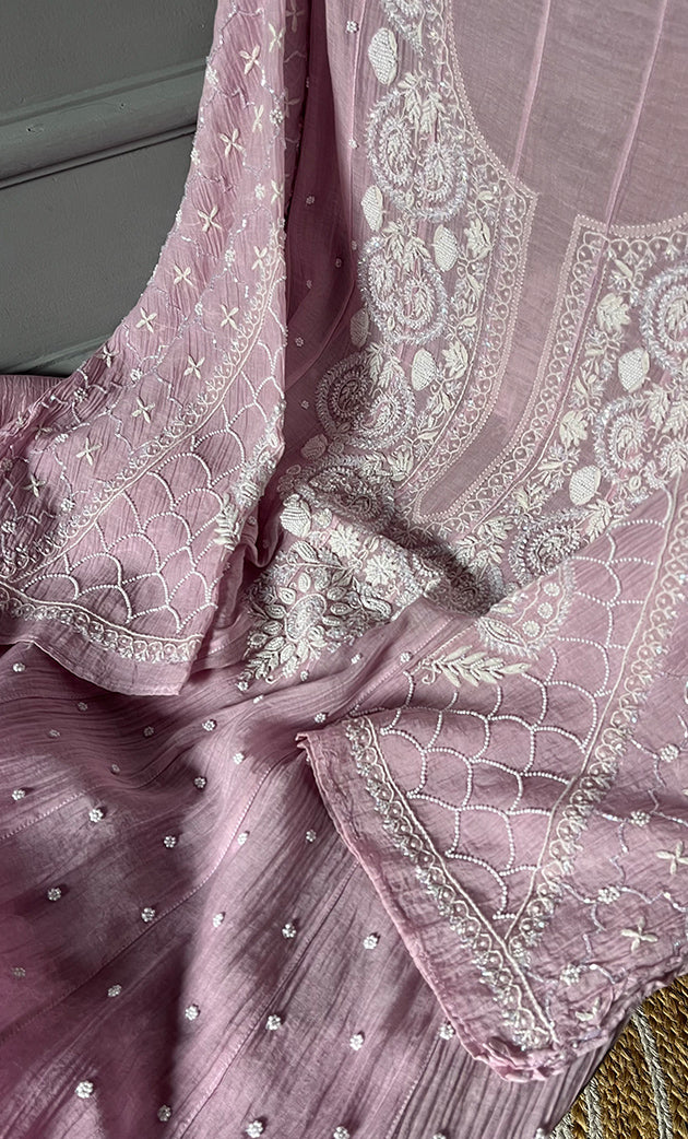 Women's Lakhnavi Handcrafted Mul Chanderi Semi - Stitched Anarkali And Dupatta Set - HONC0305938