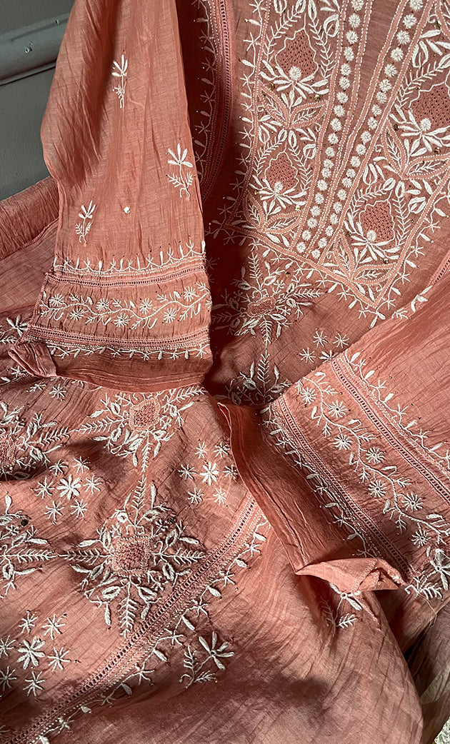 Women's Lakhnavi Handcrafted Mul Chanderi Semi - Stitched Kurta And Dupatta Set - HONC0284757