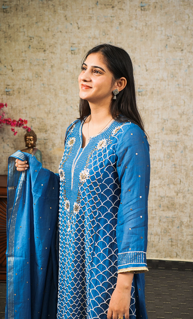 Women's Lakhnavi Handcrafted Mul Chanderi Chikankari Stitched Kurta, Dupatta And Pant Set - HONC0321828