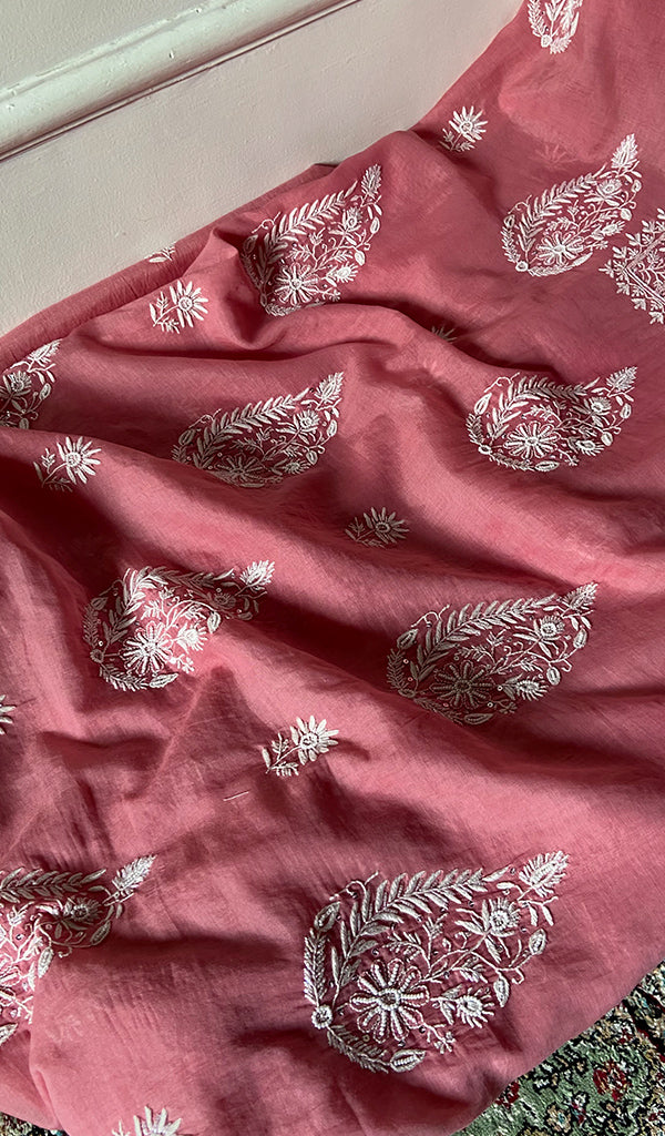 Women's Lakhnavi Handcrafted Mul Chanderi Unstitched Chikankari Full Suit Material - HONC0338252