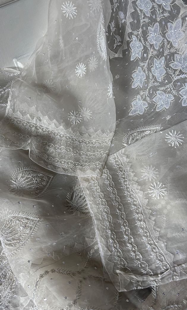 Women's Lakhnavi Handcrafted Pure Organza Chikankari Semi - stitched Kurta And Dupatta Set- HONC0322186