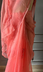 Load image into Gallery viewer, Women&#39;s Lucknowi Handcrafted Pure Organza Silk Chikankari Saree - HONC0297168
