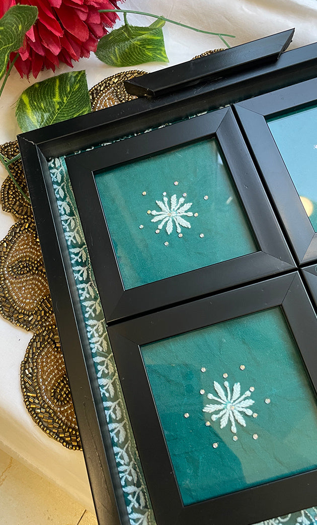 Handcrafted Chikankari Tray with Two Coasters – Wooden Frame - HONC0313503