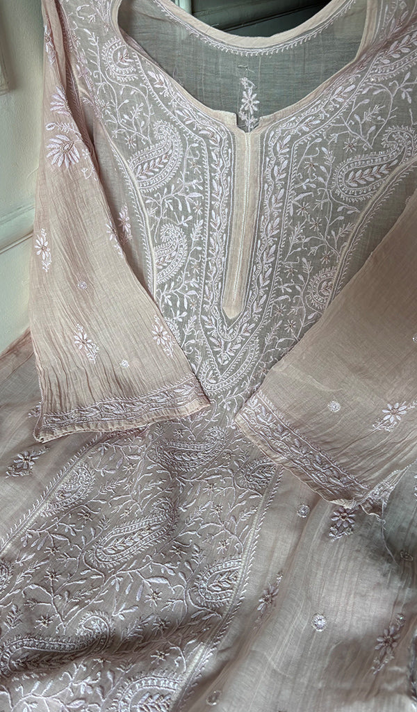 Women's Lakhnavi Handcrafted Mul Chanderi Semi - Stitched Chikankari Full Suit Material - HONC0355837