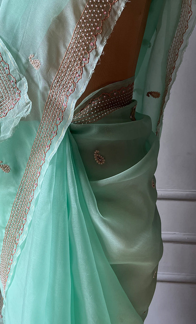 Women's Lucknowi Handcrafted Pure Organza Silk Chikankari Saree - HONC0287002