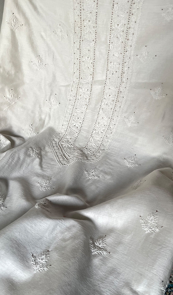 Women's Lucknowi Handcrafted Chanderi Silk Unstitched Chikankari Kurta and Dupatta Set- HONC0276219