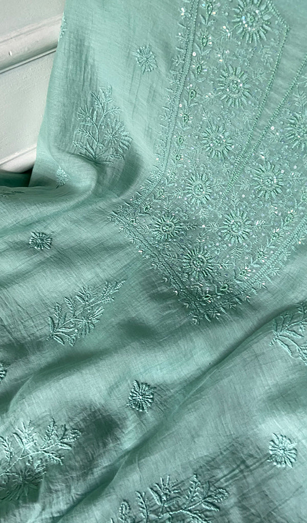 Women's Lakhnavi Handcrafted Mul Chanderi Unstitched Chikankari Full Suit Material - HONC0345050