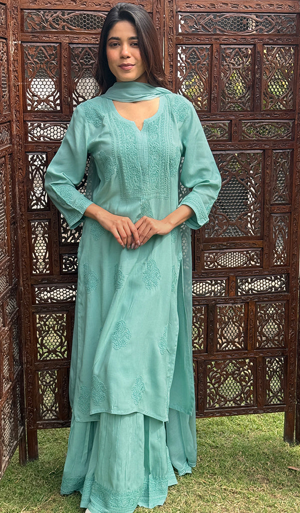 Women's Lakhnavi Handcrafted Modal Cotton Chikankari Kurta Dupatta And Palazzo Set - HONC0247742