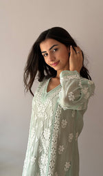 Load image into Gallery viewer, Women's Lucknowi Handcrafted Mul Chanderi Stitched Chikankari Kurta And Plazzo Set- HONC0378796