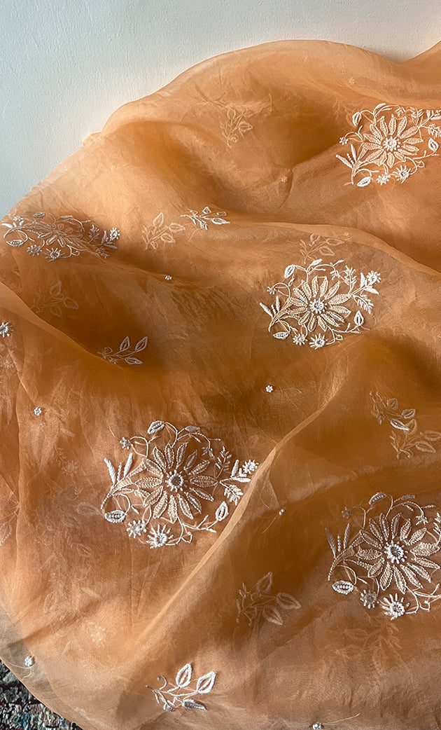 Women's Lakhnavi Handcrafted Pure Organza Chikankari Unstitched Kurta And Dupatta Set- HONC0307946