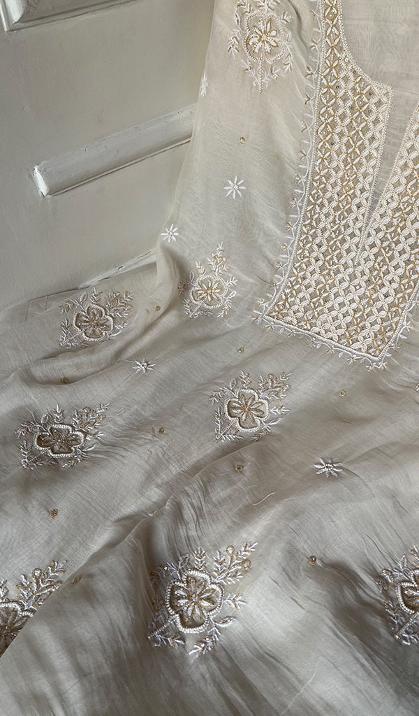 Women's Lakhnavi Handcrafted Mul Chanderi Unstitched Kurta And Dupatta Set - HONCO297198