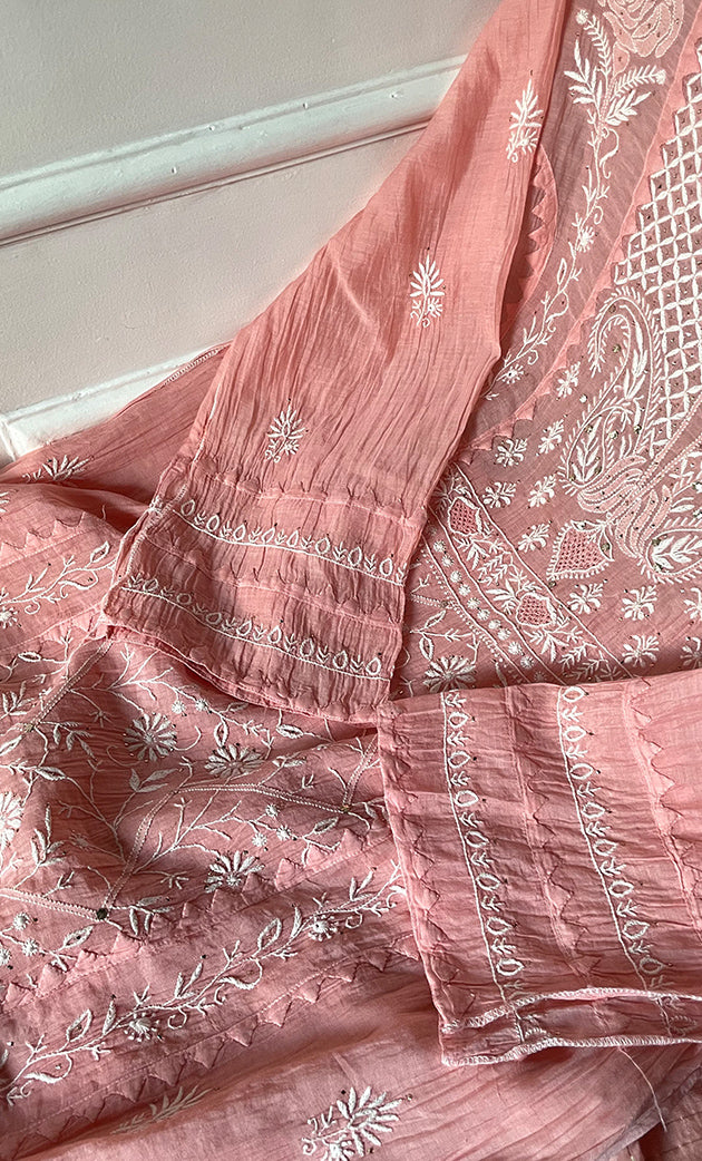 Women's Lakhnavi Handcrafted Mul Chanderi Semi - stitched Kurta And Dupatta Set- HONC0282407