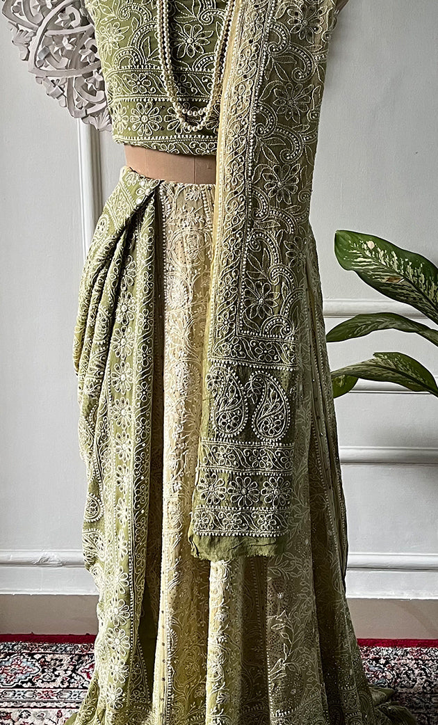 Women's Lakhnavi Handcrafted Bridal Pure Georgette Chikankari Lehenga Set - HONC0271838