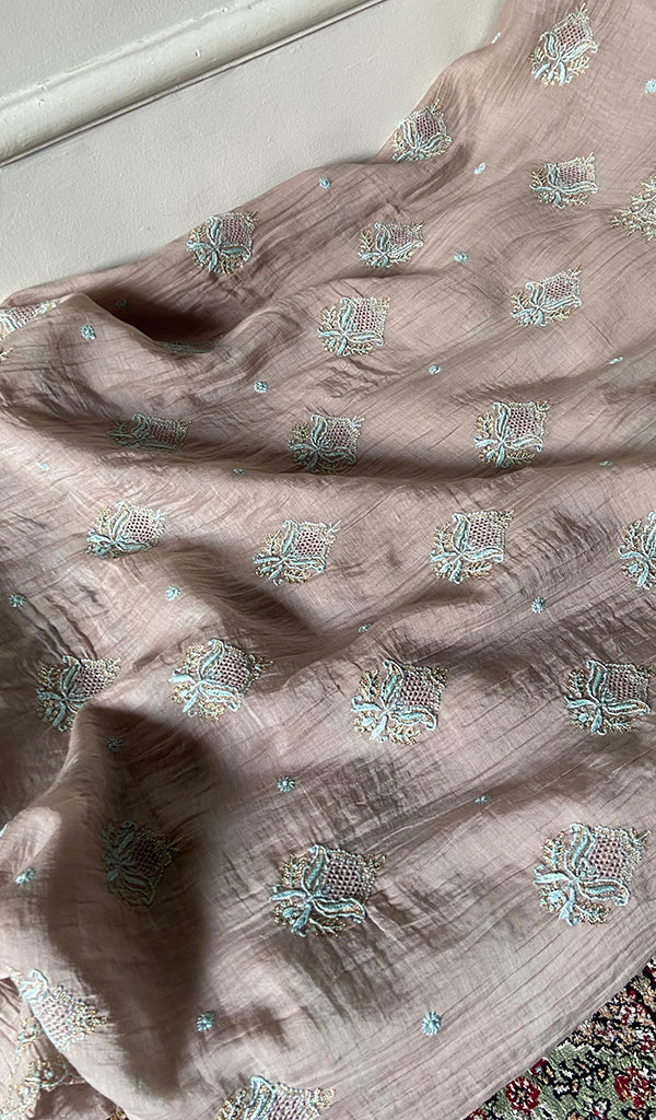 Women's Lakhnavi Handcrafted Mul Chanderi Unstitched Kurta And Dupatta Set - HONC0326140