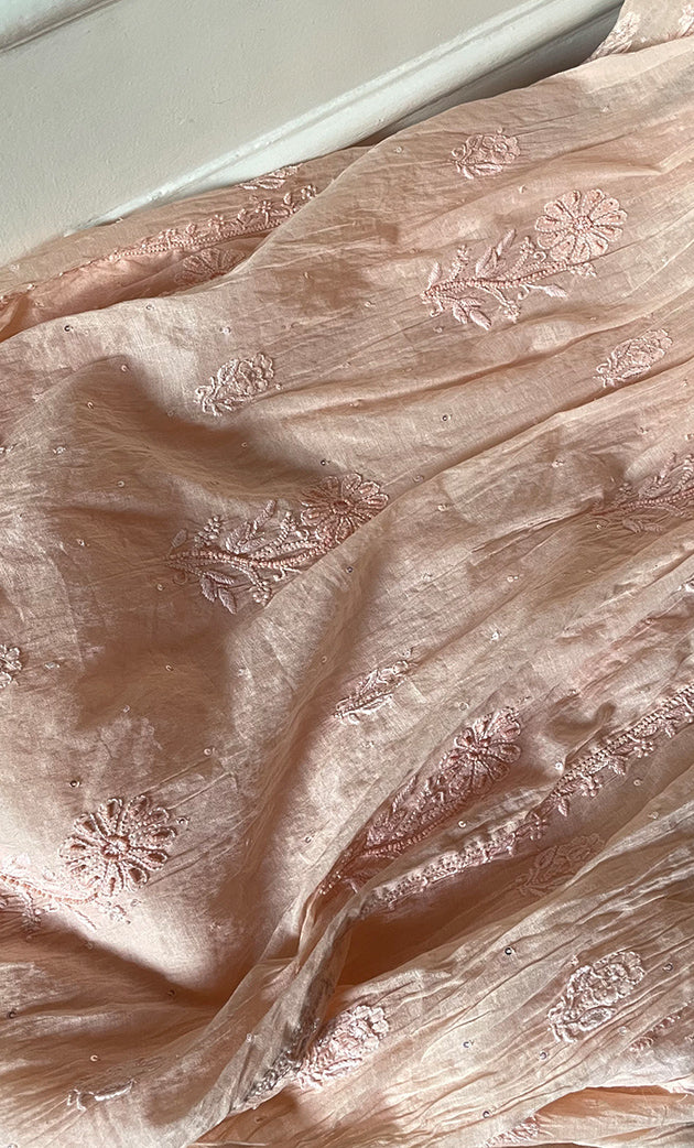 Women's Lakhnavi Handcrafted Mul Chanderi Semi - stitched Chikankari Full Suit Material - HONC0319557