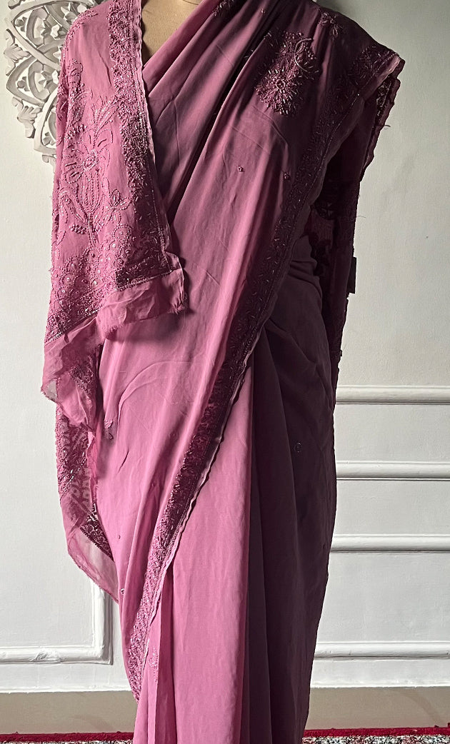 Women's Lakhnavi Handcrafted Viscose Georgette Chikankari Saree - HONC0329024