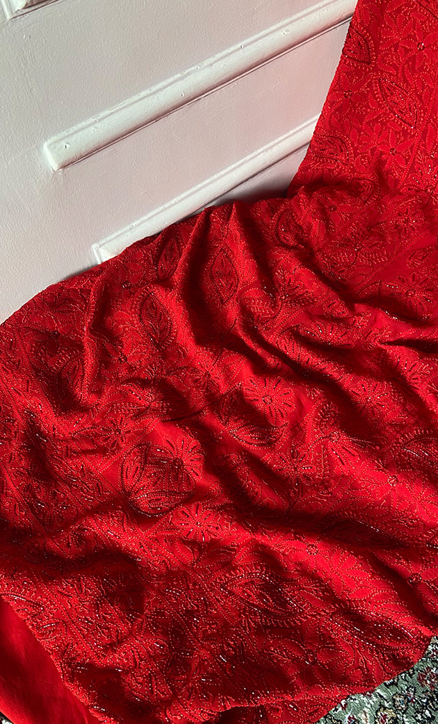 Women's Lakhnavi Handcrafted Viscose Georgette Unstitched Chikankari Full Suit Material - HONC0325145