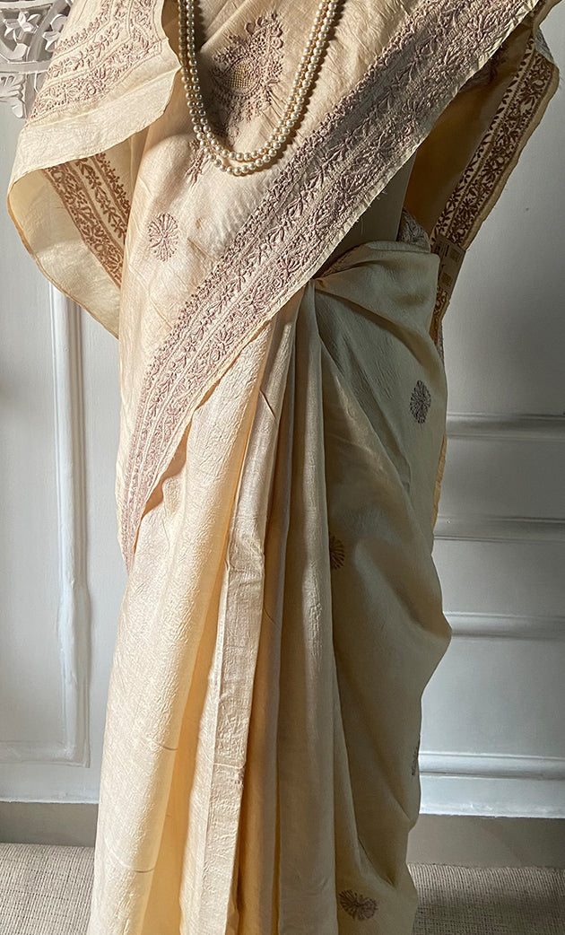 Women's Lakhnavi Handcrafted Tussar Silk Chikankari Saree - HONC0313446